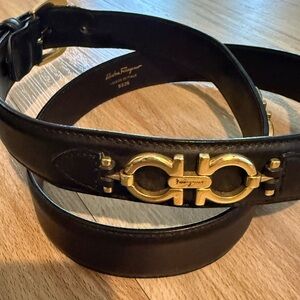 Salvatore Ferragamo Black Leather Gancini Belt with Gold Hardware